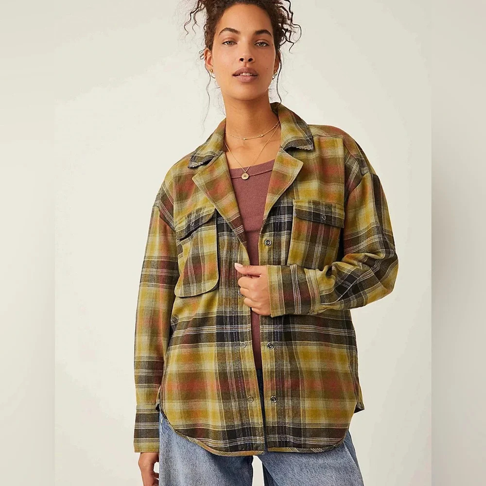 Free People Olive & Mustard Plaid Button-Up Shacket